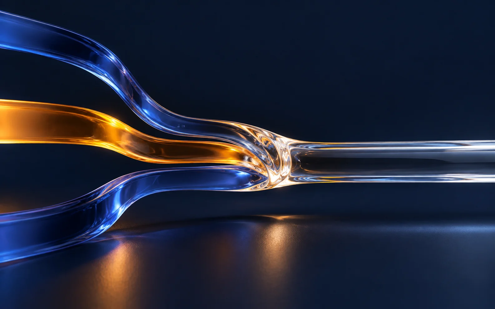 Three colored glass paths converge into one clear channel.