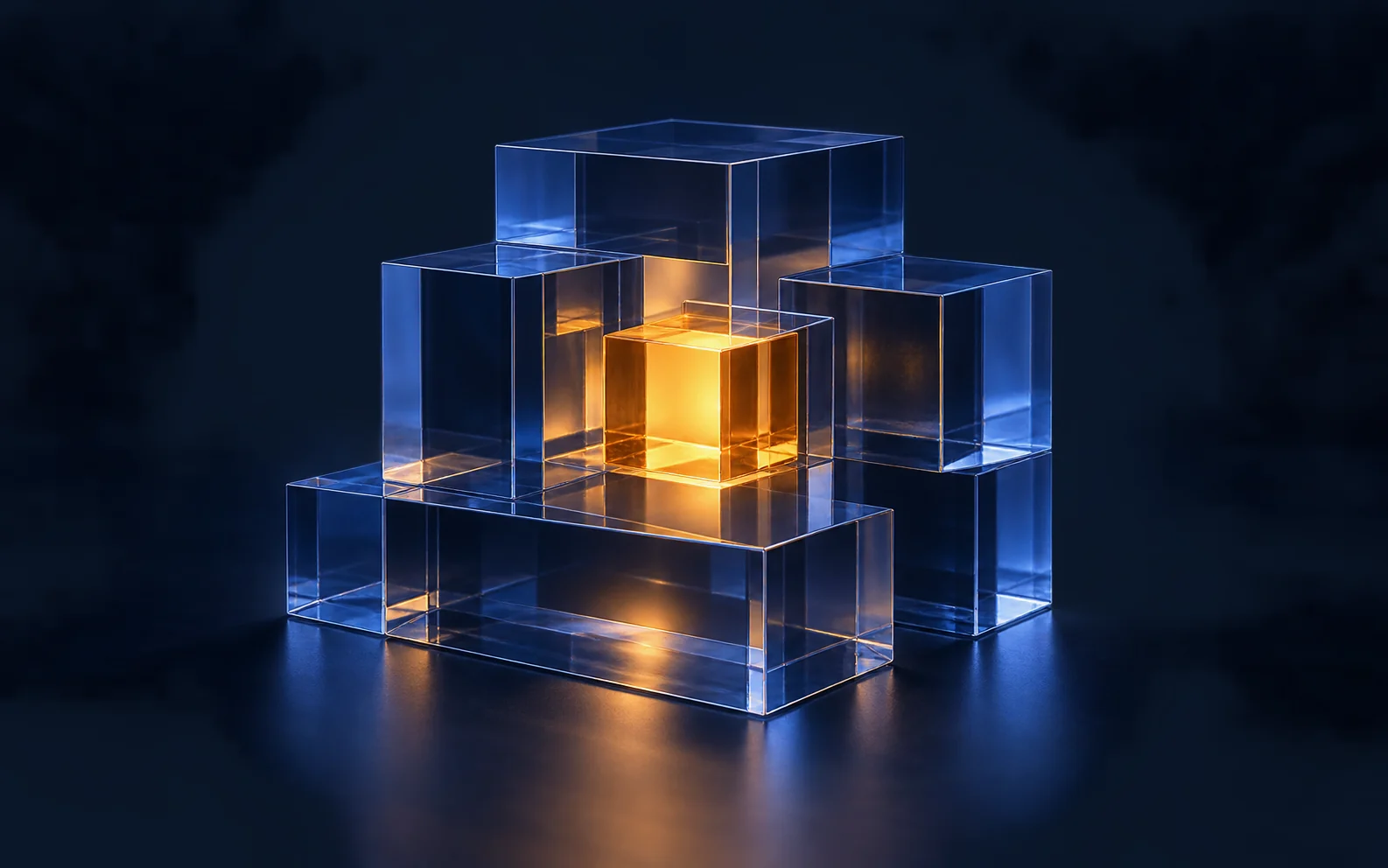 Blue glass blocks protect a small illuminated amber core.
