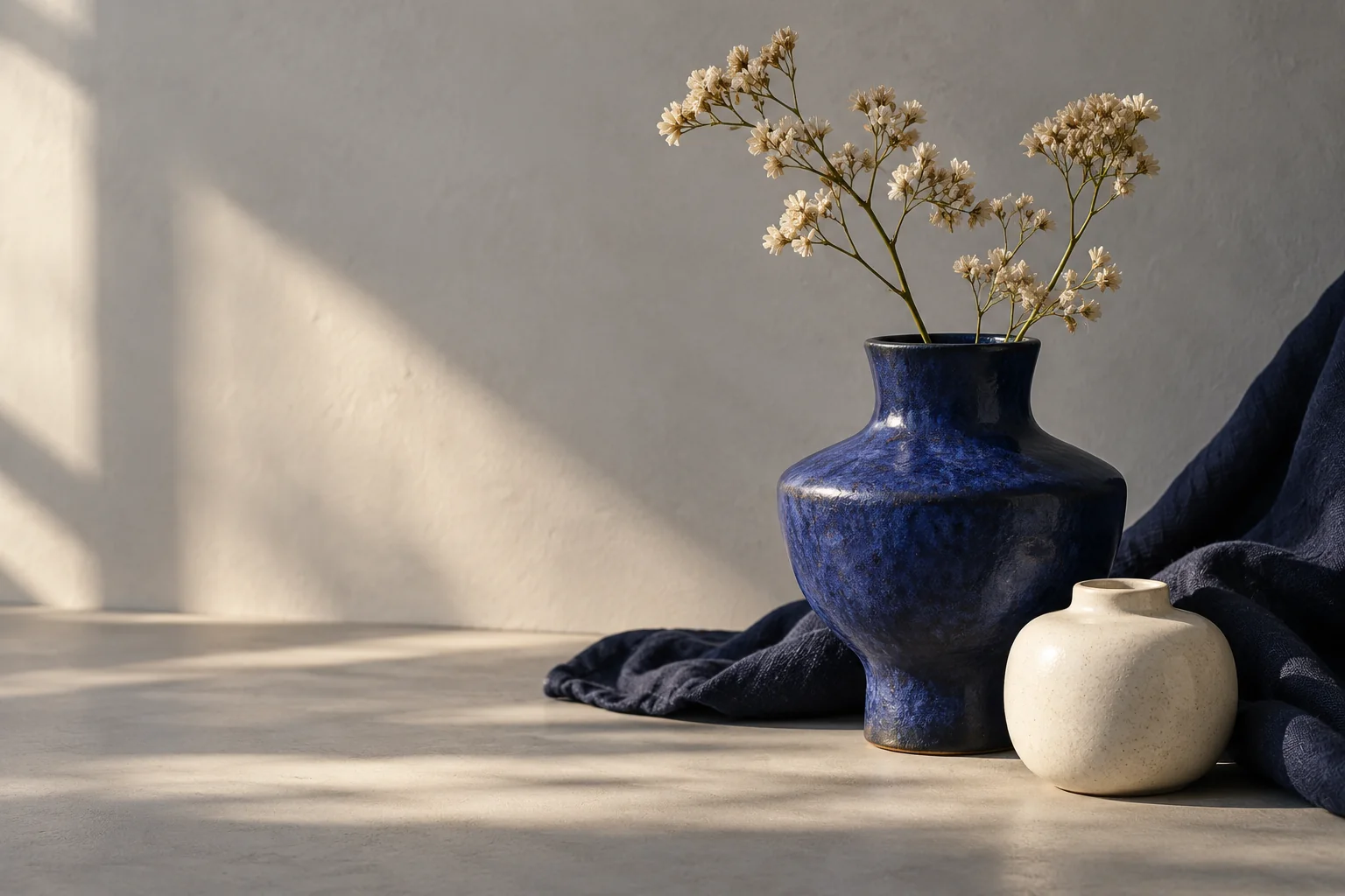 Sculptural blue ceramics in warm studio light, illustrating the fictional FORME homeware brand