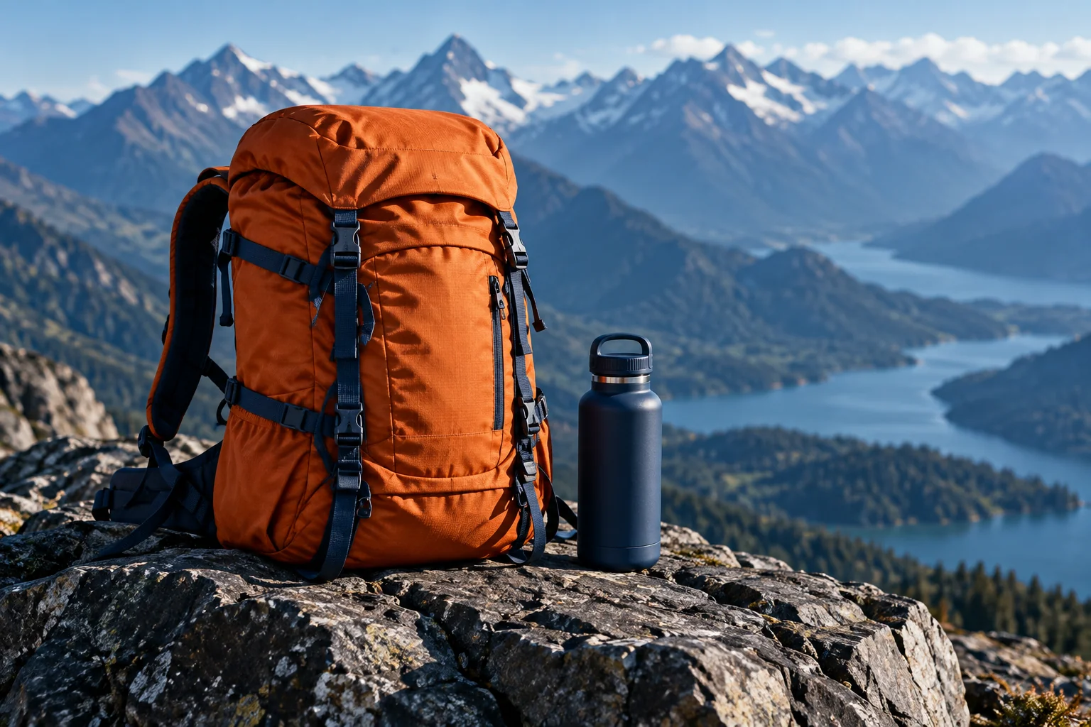 Orange outdoor backpack and a dark bottle against a cool mountain landscape, concept product photography