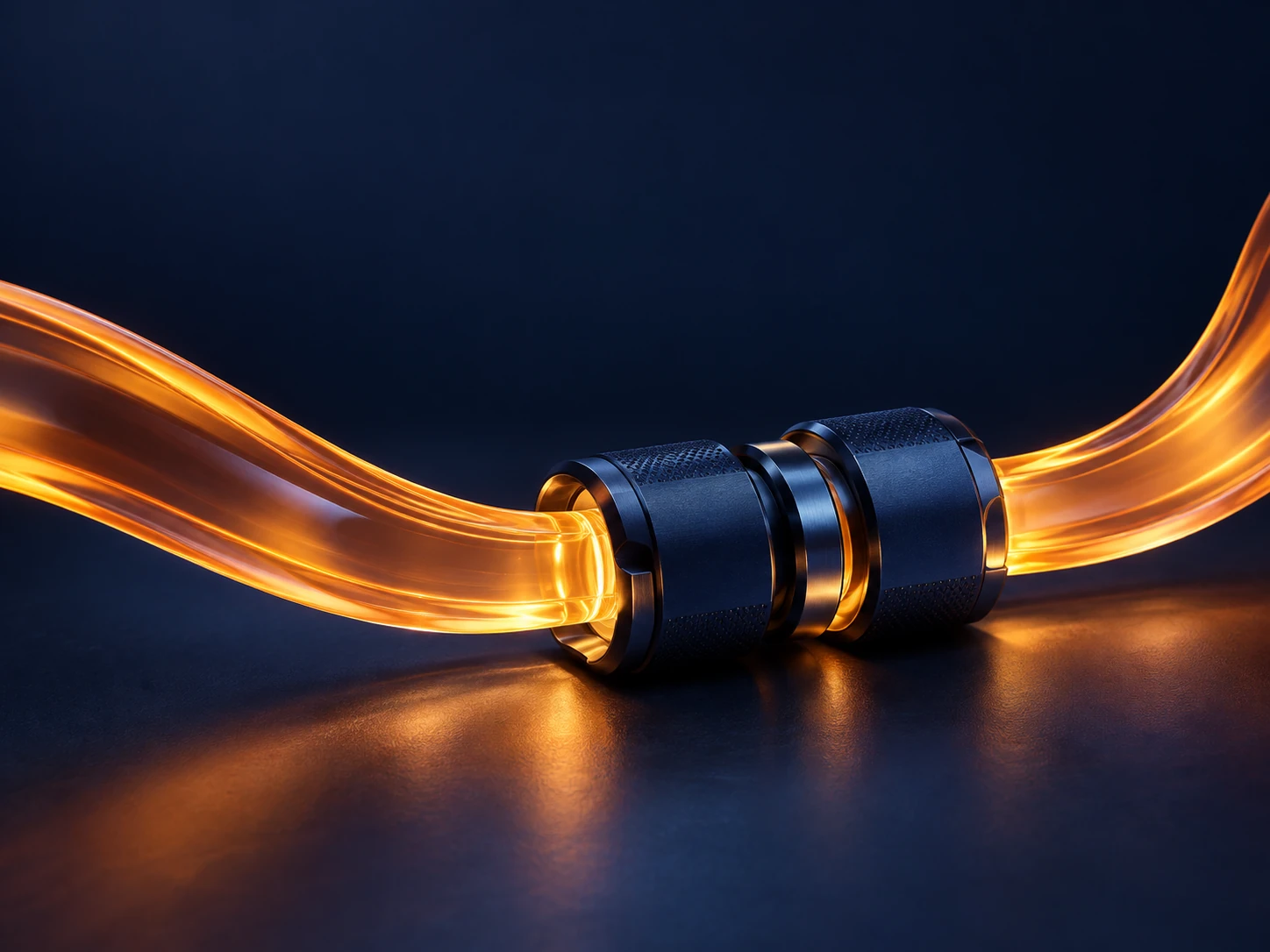 Amber optical ribbons joined by a precision connector, representing connected tracking